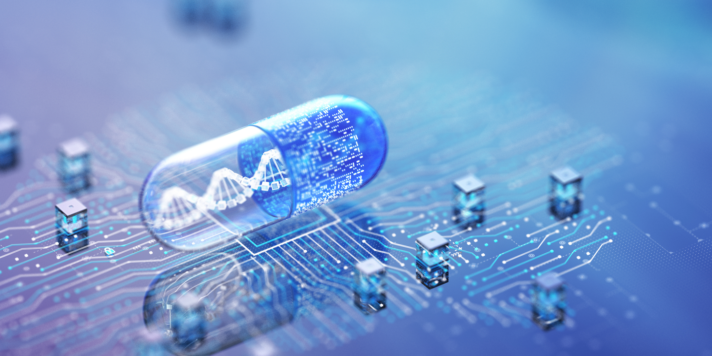 Blue glass capsule containing a DNA strand over a blue circuit-board background on a tech-themed surface.