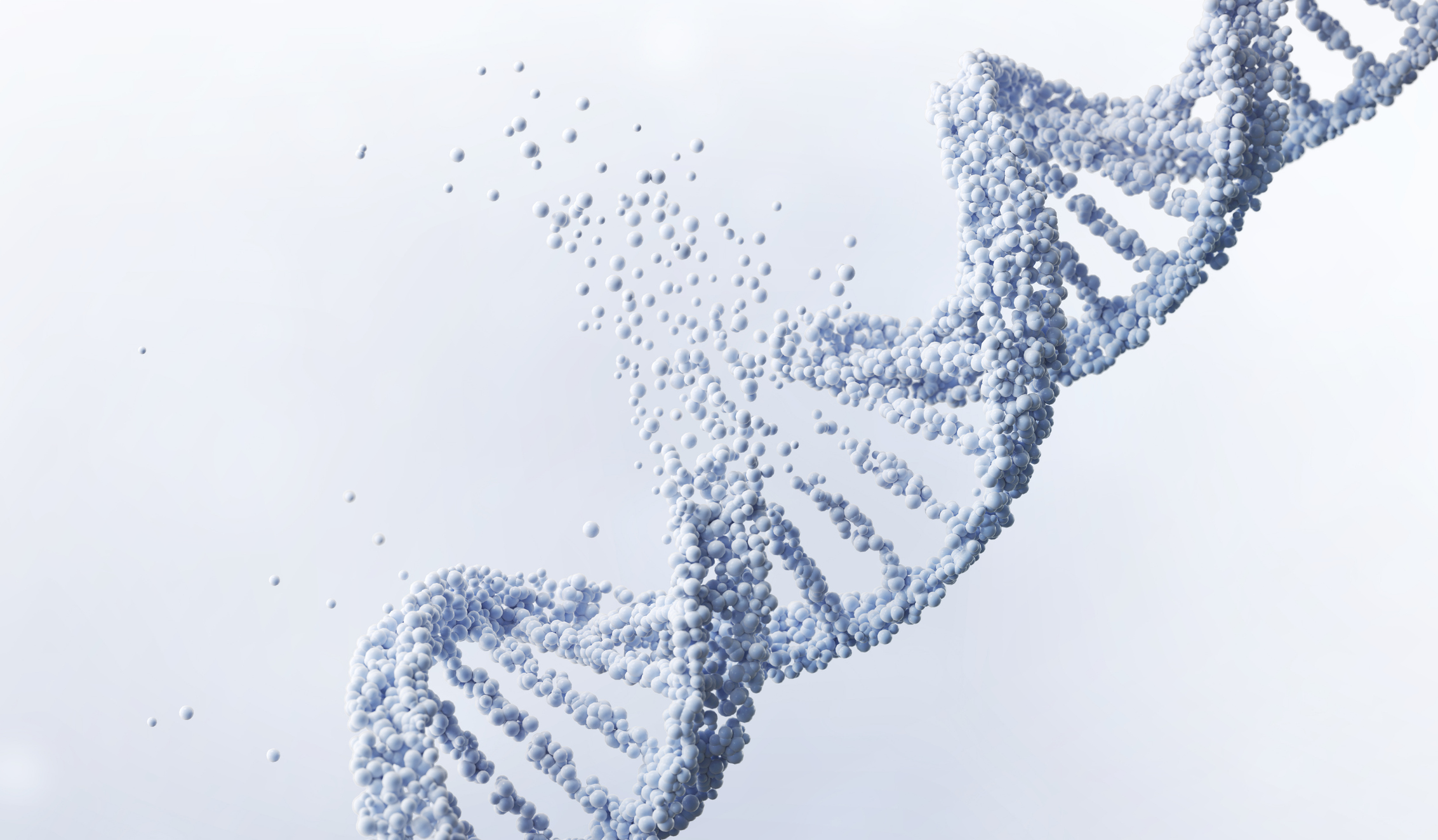DNA double helix constructed from blue spheres, with strands breaking apart into scattered particles in a pale background