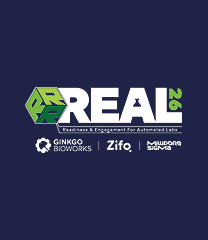 REAL 2020 conference logo with a green hexagon emblem and sponsor logos on a dark blue background.