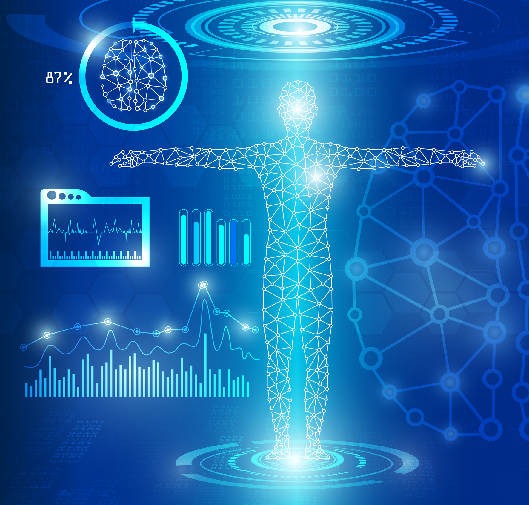 Blue digital human figure made of interconnected nodes with data charts and circular holographic interfaces, symbolizing AI and data analytics.