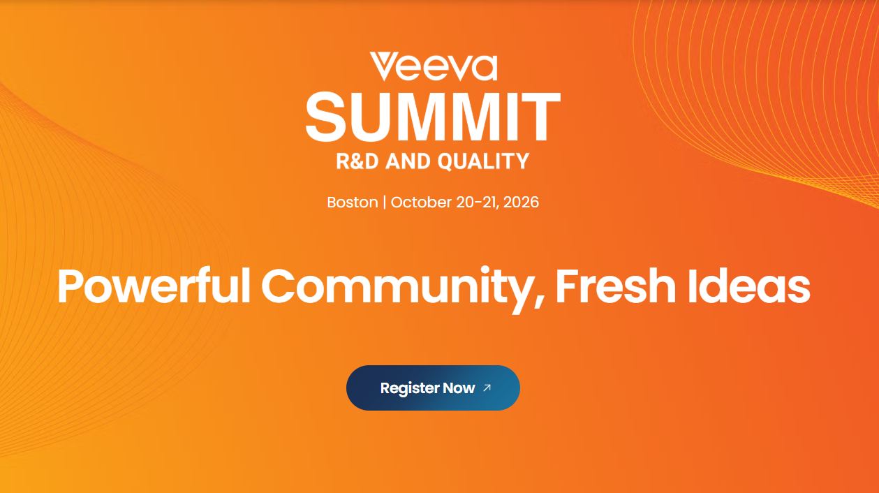 Veeva Summit hero: orange gradient background with bold white slogan 'Powerful Community, Fresh Ideas' and a blue rounded 'Register Now' button.
