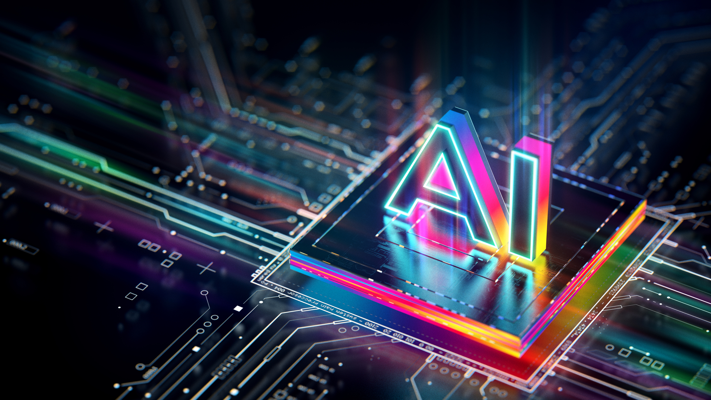 Neon 3D letter 'A' glowing on a futuristic circuit-board background, symbolizing AI technology.