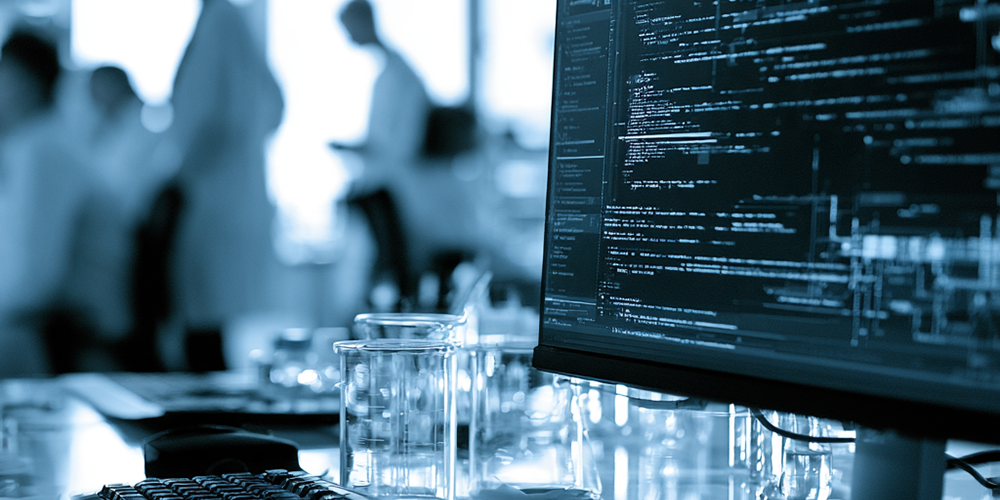 Monitor shows lines of code at a coder's workstation with a blurred office team in the background.