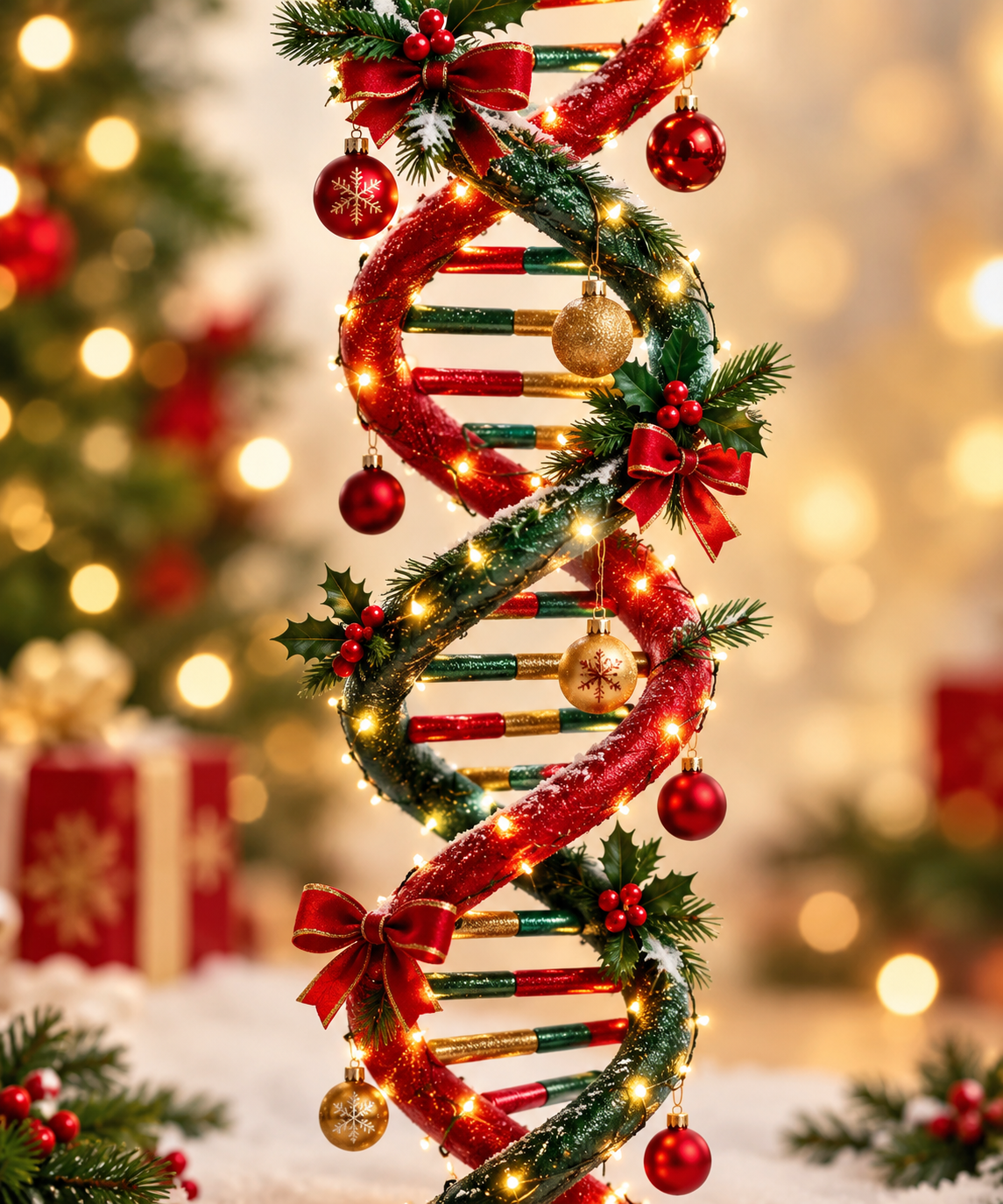 Festive spiral garland wrapped with red and green ribbons, ornaments, and warm lights in a Christmas scene.